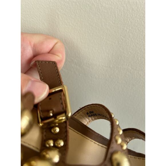 Brian Atwood Brown Leather & Gold Stud Gladiator Heeled Sandals - Picture 8 of 9